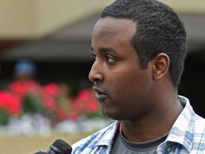 Bashir Mohamed, 22, with Black Lives Matter Edmonton held a news conference outside police headquarters on an FOI on street checks (AKA carding), in Edmonton, June 27, 2017.