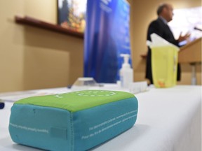 Dr. Owen Heisler, Chief Medical Officer for Covenant Health notifying patients of potential risk of exposure to Hepatitis B and C which stems from this pillow used to practice injections, during a news conference at the Grey Nuns Hospital in Edmonton, June 28, 2017.