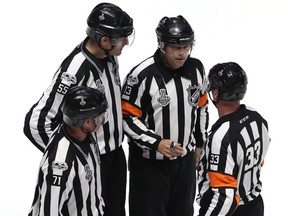 Referees review the play during the second period between the Nashville Predators and the Pittsburgh Penguins in Game Six of the 2017 NHL Stanley Cup Final at the Bridgestone Arena on June 11, 2017 in Nashville, Tenn.