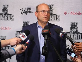 JUNE 20:  General manager Peter Chiarelli of the Edmonton Oilers is interviewed during media availability for the 2017 NHL Awards at Encore Las Vegas on June 20, 2017 in Las Vegas, Nevada.