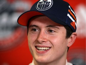 Kailer Yamamoto is interviewed after being selected 22nd overall by the Edmonton Oilers during the 2017 NHL Draft on June 23, 2017, in Chicago.