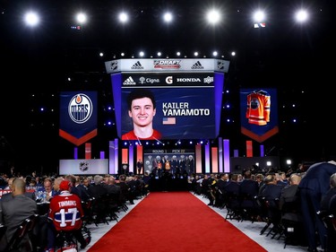 A general view as Kailer Yamamoto is selected 22nd overall by the Edmonton Oilers during the 2017 NHL Drafton June 23, 2017, in Chicago.