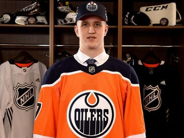 Dmitri Samorukov poses for a portrait after being selected 84th overall by the Edmonton Oilers during the 2017 NHL Draft on June 24, 2017, in Chicago.