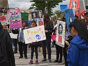 A march was held honouring the lives of missing and murdered Indigenous women, girls, men and boys and to give support to grieving families and survivors in Edmonton, June 11, 2017. The national inquiry on missing and murdered Indigenous women will be in Edmonton in November.