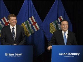 Alberta Wildrose leader Brian Jean and Alberta PC leader Jason Kenney announce a unity deal between the two in Edmonton on Thursday, May 18, 2017.