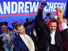 Andrew Scheer, right, is congratulated by Maxime Bernier after being elected the new leader of the federal Conservative party at the federal Conservative leadership convention in Toronto on Saturday, May 27, 2017.