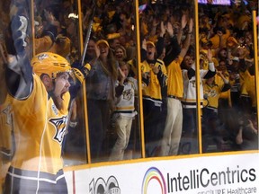 Viktor Arvidsson #38 of the Nashville Predators celebrates after scoring a goal on Matt Murray #30 of the Pittsburgh Penguins during the second period in Game Four of the 2017 NHL Stanley Cup Final at the Bridgestone Arena on June 5, 2017 in Nashville.
