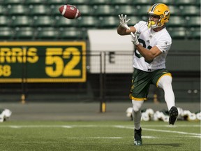 Receiver Brandon Zylstra makes a catch during Edmonton Eskimos training camp at Commonwealth Stadium in Edmonton on June 4, 2017.