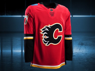 Calgary Flames home jersey design by Adidas for the 2017-18 NHL season.