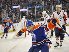 Friday October 28, 2011 Page B1
EDMONTON, AB. OCTOBER  27,  2011 -Jordan Eberle of the Edmonton Oilers celebrates his second period goal against  the Washington Capitals at Rexall Place in Edmonton. SHAUGHN BUTTS/EDMONTON JOURNAL)
Shaughn Butts