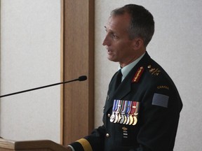 Brig.-Gen. Trevor Cadieu speaks at a change of command ceremony at CFB Edmonton on Thursday, June 29, 2017. Cadieu is taking command of 3rd Canadian Division from Maj.-Gen. Simon Hetherington.