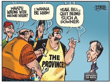 Bill Morneau tries to convince Provinces to keep Marijuana Tax Rates low. (Cartoon by Malcolm Mayes)