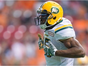 Edmonton Eskimos Vidal Hazelton celebrates his touchdown against the B.C. Lions during the second half of a CFL football game in Vancouver, B.C., on Saturday, June 24, 2017.