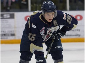 Spruce Grove Saints defenceman Ian Mitchell lines up ahead of a defensive zone face-off during AJHL action against the Fort McMurray Oil Barons at the Casman Centre in Fort McMurray Alta. on Saturday December 3, 2016.