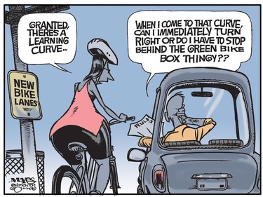 Driver's and bike riders sort out new bike lane rules. (Cartoon by Malcolm Mayes)
Malcolm Mayes