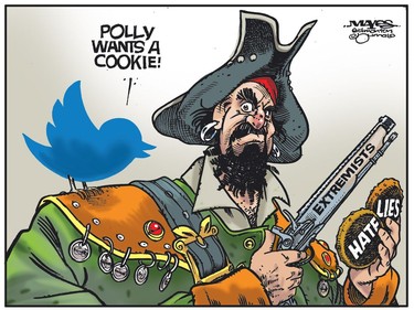 Twitter provides platform for hate and lies of extremists. (Cartoon by Malcolm Mayes)