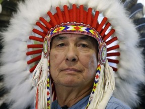 Wilton Littlechild, grand chief of the Confederacy of Treaty Six First Nations, answers questions at a news conference at Edmonton International Airport on June 29, 2017 about the World Indigenous Nations Games 2017 which take place July 2 to 9, 2017 in Edmonton, Alberta.