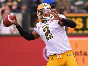 Edmonton Eskimos quarterback James Franklin (2) about to air out a pass against the Calgary Stampeders during a preseason CFL game at Commonwealth Stadium in Edmonton, June 11, 2017. Ed Kaiser/Postmedia (Edmonton Journal story by Gerry Moddejonge) Photos for Gerry Moddejonge and Terry Jones copy running Monday, June 12.