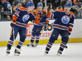 Yyan Nugent-Hopkins, Taylor Hall, and Jordan Eberle of the Edmonton Oilers, against the Los Angeles Kings at Rexall Place in Edmonton.