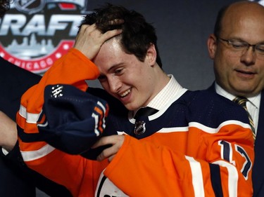 Kailer Yamamoto wears an Edmonton Oilers jersey after being selected by the team in the first round of the NHL Draft, on June 23, 2017, in Chicago.