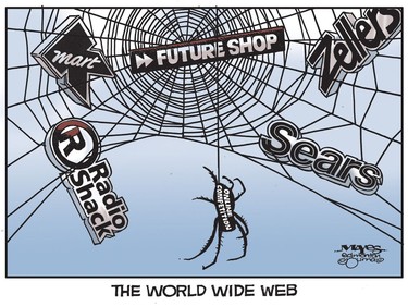Online Competition and World Wide Web traps traditional companies. (Cartoon by Malcolm Mayes)
Malcolm Mayes