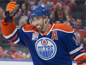 Edmonton Oilers winger Jordan Eberle celebrates his hat-trick goal on Vancouver Canucks goalie Richard Bachman on April 9, 2017, at Rogers Place in Edmonton.
Shaughn Butts, Postmedia