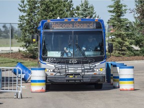 City Councillor Michael Walters leaves a path of destruction behind him after he drove through a converging gauntlet of barrels. Drivers from Edmonton Transit tested their mettle in the Transit Skills Competition at the ETS Centennial Garage on Ellerslie Road on June 24, 2017.