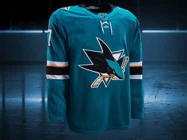 San Jose Sharks home jersey design by Adidas for the 2017-18 NHL season.