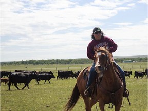 Lou Ann Solway at her cow-calf ranch east of Calgary. A loan from the Indian Business Corporation in the early 1990s helped her grow the business, which she runs with her family.