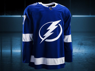 Tampa Bay Lightning home jersey design by Adidas for the 2017-18 NHL season.