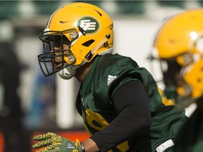 Terrance Bullitt (49) runs a drill during Edmonton Eskimos training camp at Commonwealth Stadium in Edmonton on June 4, 2017.