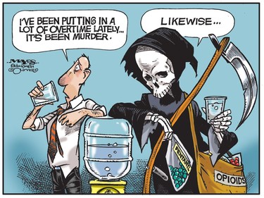 Death works overtime at murderous job during opioid crisis. (Cartoon by Malcolm Mayes)