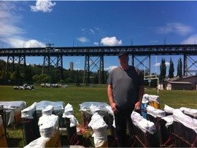 Brad Dezotell, the owner and lead designer of Fireworks Spectaculars, poses with his firework setup at Kinsmen Park in Edmonton. The city of Edmonton will feature three firework events around the city as part of Canada 150 celebrations.