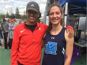 Catherine Kluyts, right, and three-time Canadian Olympic hurdler Anglea Whyte pose together at 2017 Alberta School Athletics Association Track and Field provincial championships at Foote Field in Edmonton on Friday, May 2, 2017.