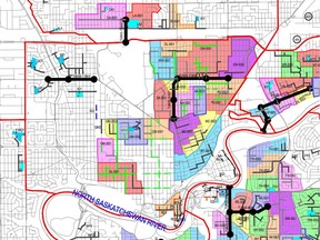 Part of a newly released map showing the drainage infrastructure needed to protect Edmonton neighbourhoods against typical 1 in 100 year severe storm-related flooding. The full map is also at edmonton.ca/meetings, attached to an agenda item for Friday's Utility Committee.