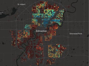 Eugene Chen and Darkhorse Analytics created this map of Edmonton property values from the city's open data collection. Dark red represents the most expensive homes; dark blue is the cheapest.