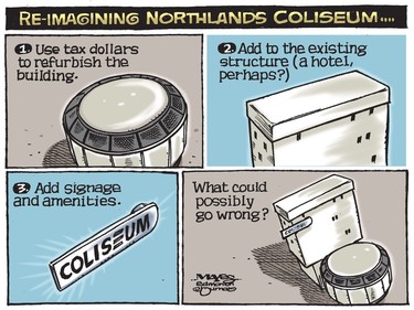 Edmonton re-imagines a refurbished Northlands Coliseum. (Cartoon by Malcolm Mayes)