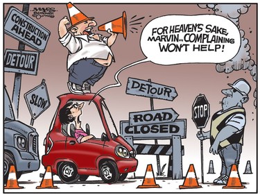 Motorist snaps during summer road construction season. (Cartoon by Malcolm Mayes)