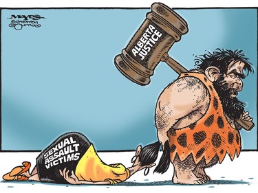 Neanderthal Alberta Justice system assaults sexual assault victims. (Cartoon by Malcolm Mayes)