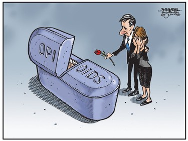 Family mourns after opioid death. (Cartoon by Malcolm Mayes)