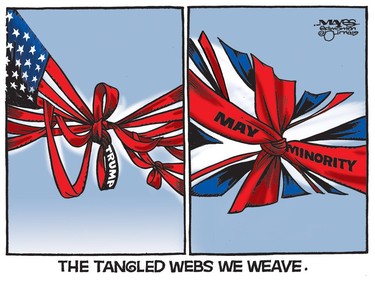 The elections of Donald Trump and Theresa May's minority are the tangled webs we weave. (Cartoon by Malcolm Mayes)