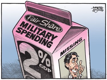Justin Trudeau is missing from Canada's promise of a fair share for military spending. (Cartoon by Malcolm Mayes)