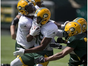 Edmonton Eskimos wide receiver  Vidal Hazelton runs with the ball during an intra-squad game on Friday June 2, 2017, in Edmonton.