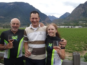 Rolf De Bruin (centre) with Sue Lambert and Jan TerHart at De Bruin's Fort Berens Winery in Lillooet. Lambert and TerHart had discovered the winery on a scouting trip and paid for a reception for a 45-strong group of Edmonton riders cycling 900 km between Vancouver and Jasper to raise funds for CASA, providers of mental health services for children, adolescents and their families with mental health issues.