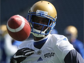 Kenny Stafford in action during Winnipeg Blue Bombers spring camp at Investors Group Field in Winnipeg on April 26, 2017.