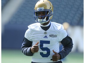 WR Kenny Stafford jogs during the Winnipeg Blue Bombers spring camp at Investors Group Field on Thurs., April 27, 2017.