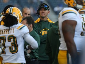 Edmonton Eskimos head coach Jason Maas scans the sidelines during CFL exhibition action against the Winnipeg Blue Bombers in Winnipeg on June 15, 2017.