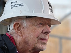 Former U.S. president Jimmy Carter during an interview while taking a break from the Habitat for Humanity house construction at the Carter Place build in southeast Edmonton, July 11, 2017.