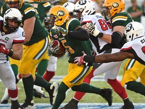 Edmonton Eskimos Travon Van (5) on the run against the Ottawa Redblacks during CFL action at Commonwealth Stadium in Edmonton, July 14, 2017. Ed Kaiser/Postmedia