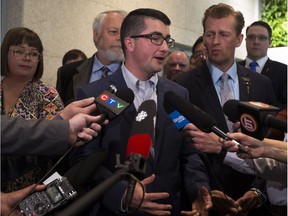 United Conservative Party interim leader Nathan Cooper speaks to media after the first meeting with the new United Conservative Party caucus on Monday July 24, 2017, in Edmonton.